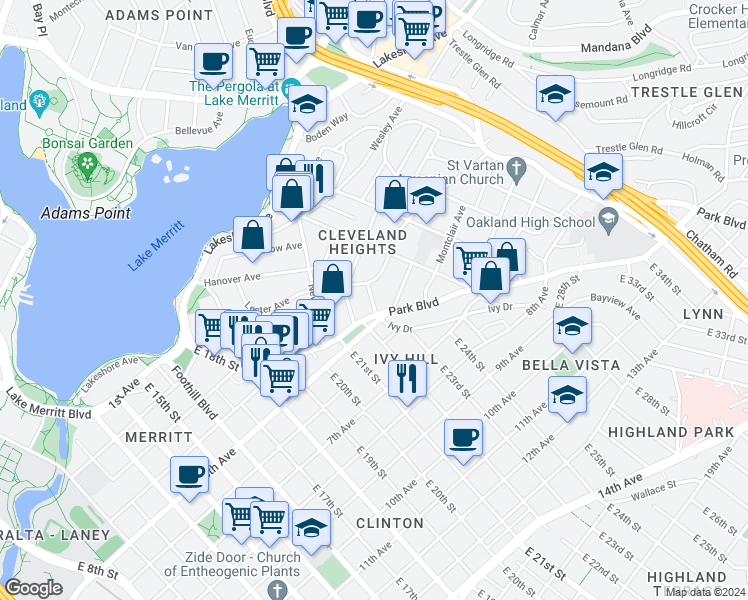 map of restaurants, bars, coffee shops, grocery stores, and more near in Oakland