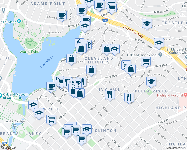 map of restaurants, bars, coffee shops, grocery stores, and more near 308 Haddon Road in Oakland