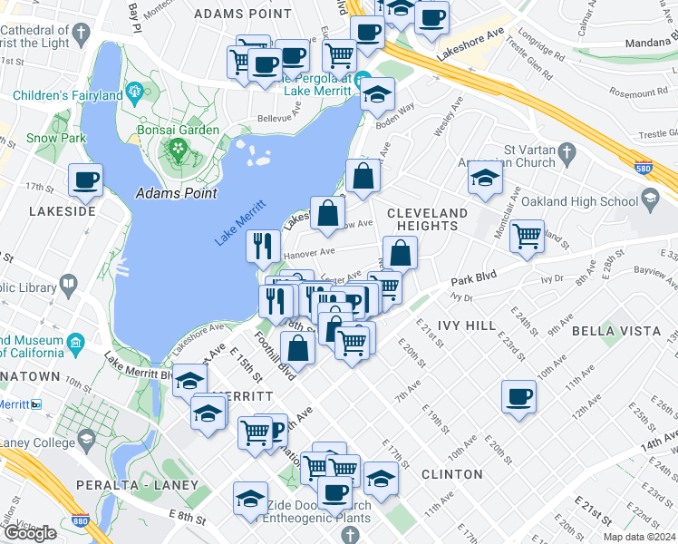 map of restaurants, bars, coffee shops, grocery stores, and more near 252 Acton Place in Oakland