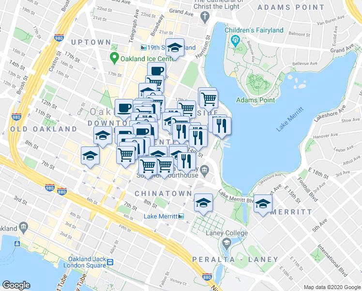 map of restaurants, bars, coffee shops, grocery stores, and more near 184 13th Street in Oakland