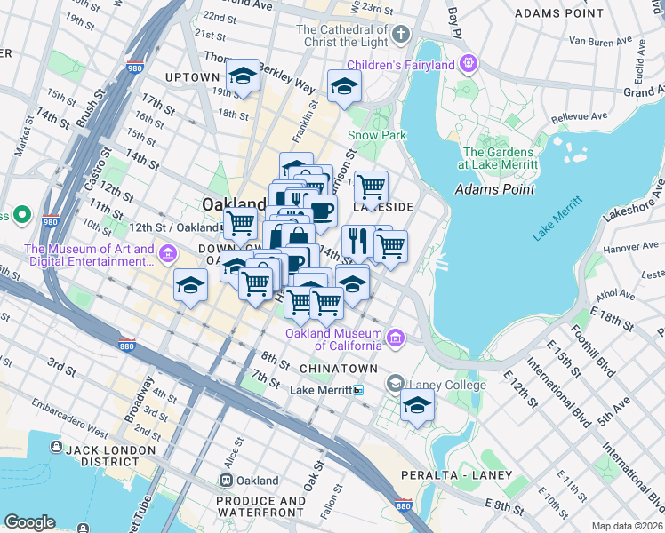 map of restaurants, bars, coffee shops, grocery stores, and more near 201 13th Street in Oakland