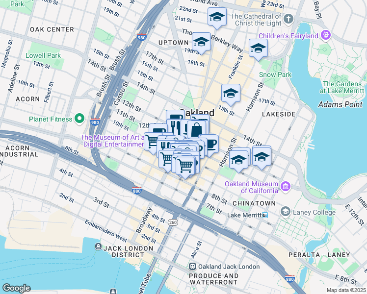 map of restaurants, bars, coffee shops, grocery stores, and more near 1000 Broadway in Oakland