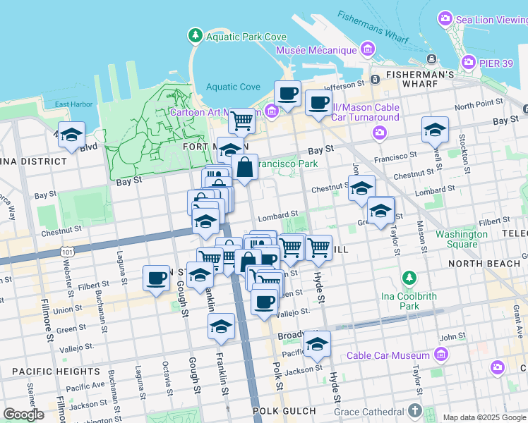 map of restaurants, bars, coffee shops, grocery stores, and more near 1271 Lombard Street in San Francisco