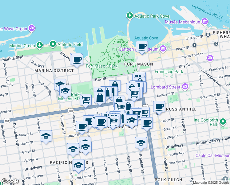 map of restaurants, bars, coffee shops, grocery stores, and more near 1525 Chestnut Street in San Francisco