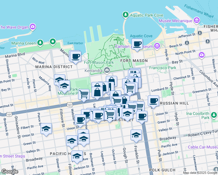 map of restaurants, bars, coffee shops, grocery stores, and more near 1525 Chestnut Street in San Francisco