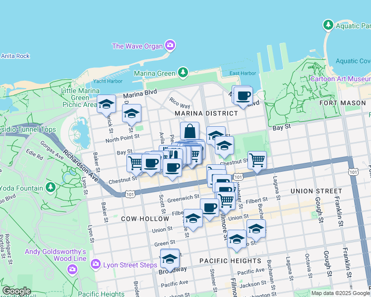 map of restaurants, bars, coffee shops, grocery stores, and more near 175 Alhambra Street in San Francisco