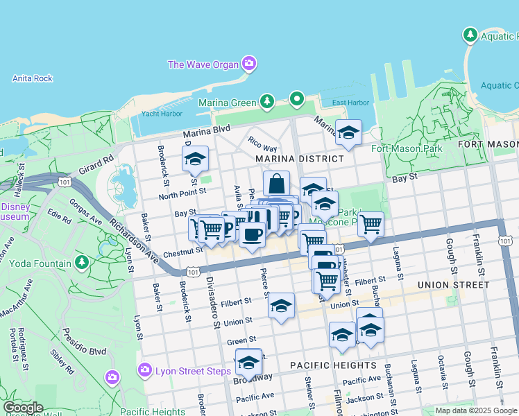 map of restaurants, bars, coffee shops, grocery stores, and more near 175 Alhambra Street in San Francisco