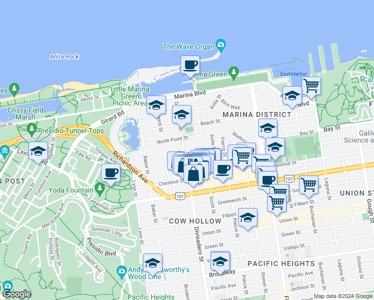 map of restaurants, bars, coffee shops, grocery stores, and more near 3445 Divisadero Street in San Francisco