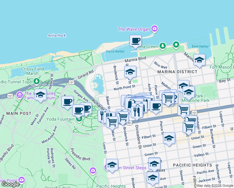 map of restaurants, bars, coffee shops, grocery stores, and more near 2301 Bay Street in San Francisco