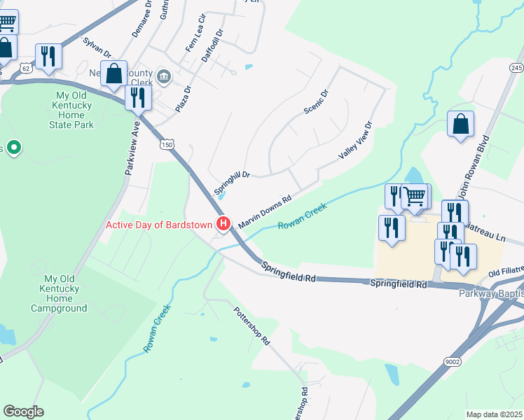 map of restaurants, bars, coffee shops, grocery stores, and more near Marvin Downs Road in Bardstown