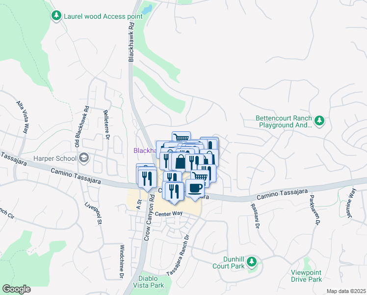 map of restaurants, bars, coffee shops, grocery stores, and more near 3380 Blackhawk Plaza Circle in Danville