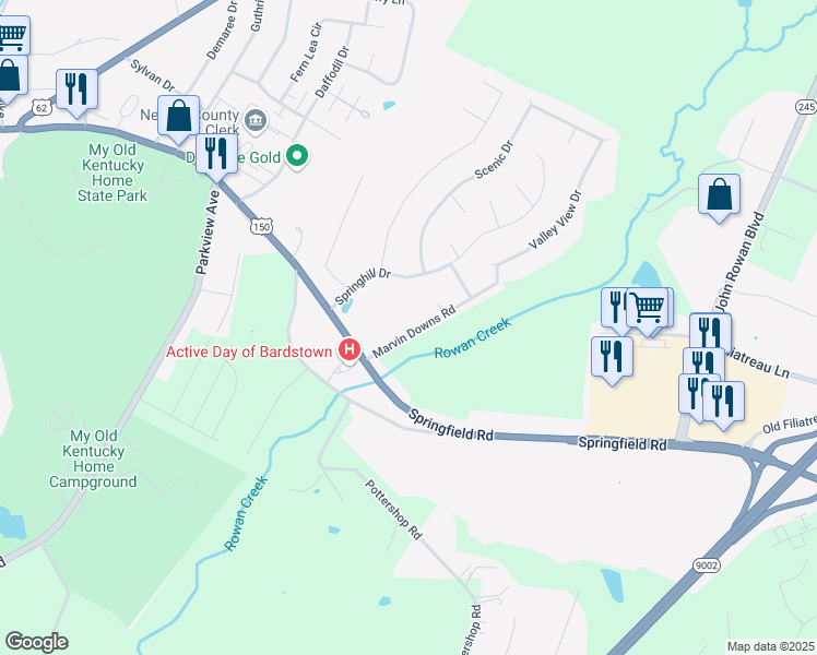 map of restaurants, bars, coffee shops, grocery stores, and more near 166 Marvin Downs Road in Bardstown