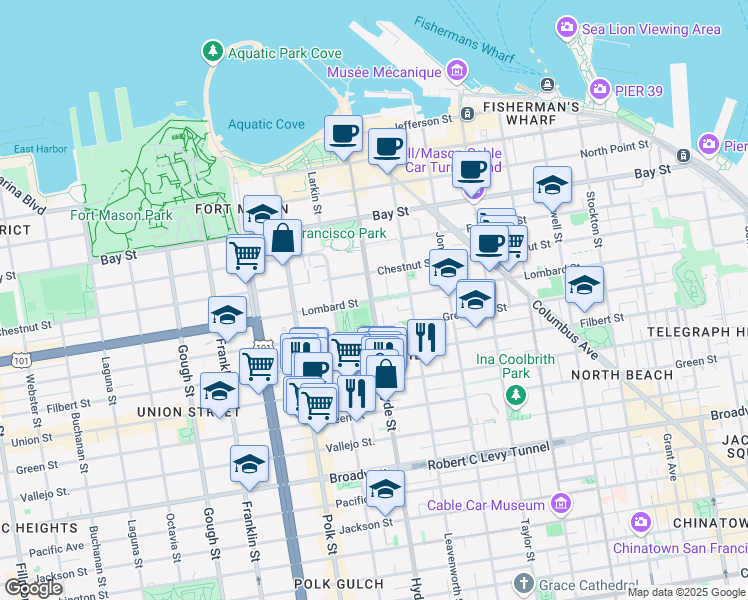 map of restaurants, bars, coffee shops, grocery stores, and more near Lombard Street in San Francisco