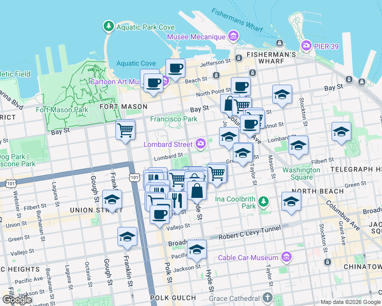 map of restaurants, bars, coffee shops, grocery stores, and more near Lombard Street in San Francisco