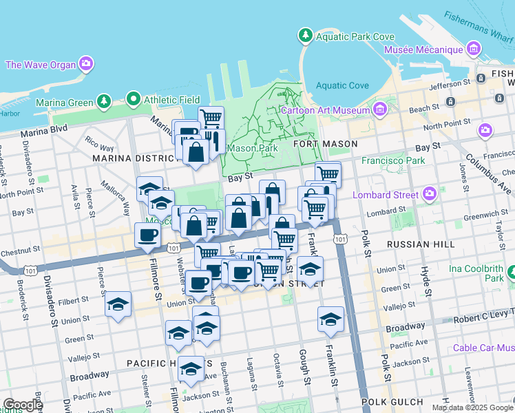 map of restaurants, bars, coffee shops, grocery stores, and more near in San Francisco