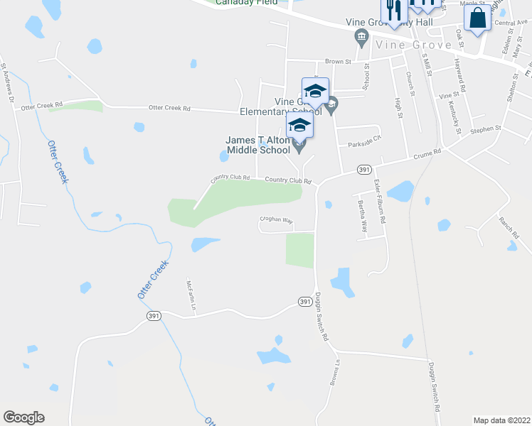 map of restaurants, bars, coffee shops, grocery stores, and more near 126 Croghan Way in Vine Grove