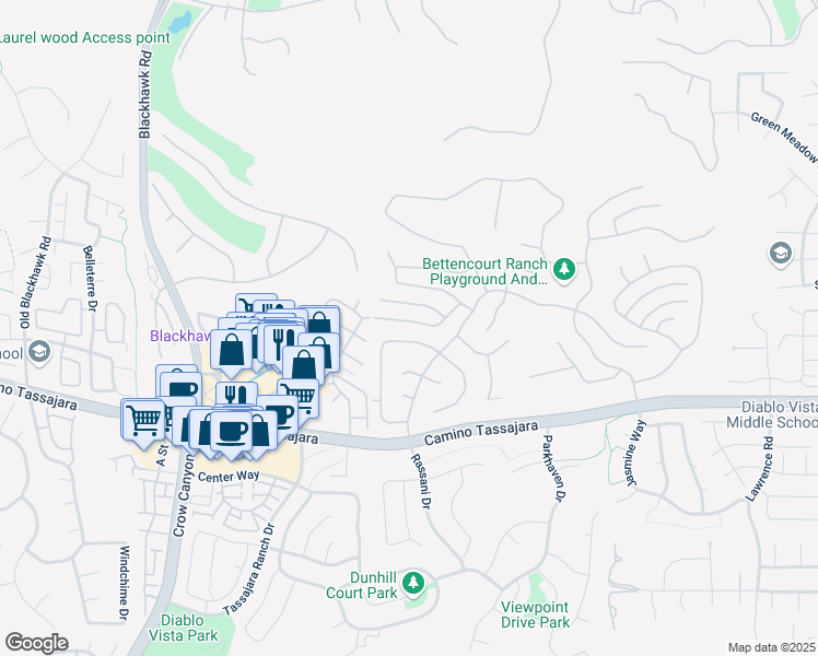 map of restaurants, bars, coffee shops, grocery stores, and more near 4040 Westminster Place in Danville