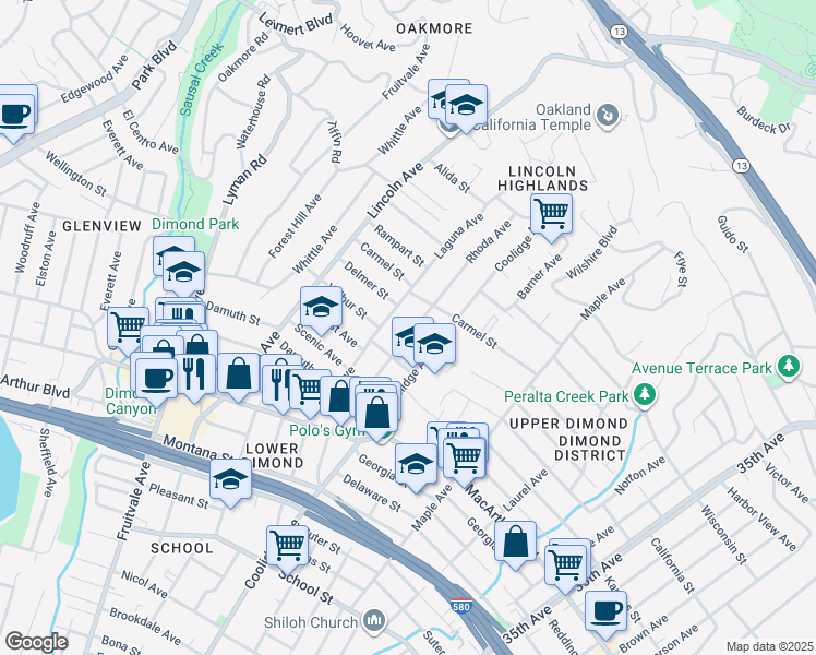 map of restaurants, bars, coffee shops, grocery stores, and more near 3853 Rhoda Avenue in Oakland