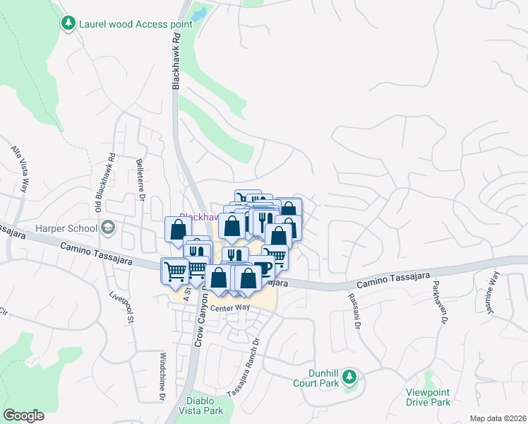 map of restaurants, bars, coffee shops, grocery stores, and more near 3380 Blackhawk Plaza Circle in Danville