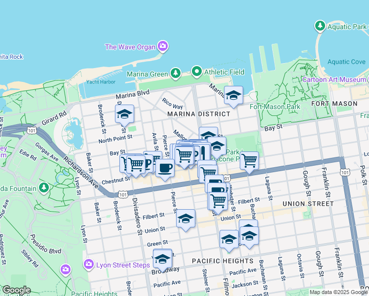 map of restaurants, bars, coffee shops, grocery stores, and more near in San Francisco
