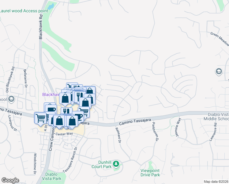 map of restaurants, bars, coffee shops, grocery stores, and more near 4040 Westminster Place in Danville