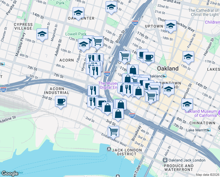 map of restaurants, bars, coffee shops, grocery stores, and more near in Oakland