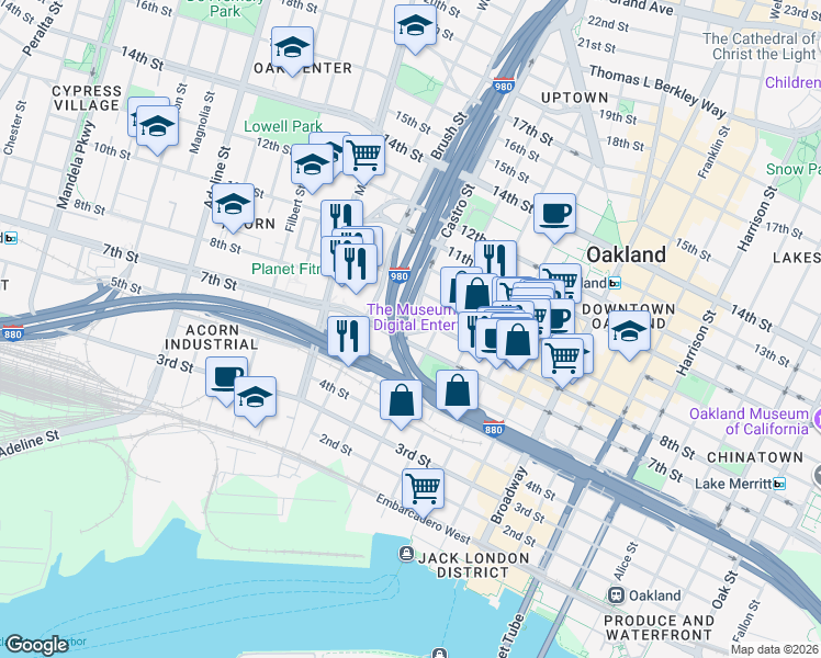 map of restaurants, bars, coffee shops, grocery stores, and more near 675 8th Street in Oakland