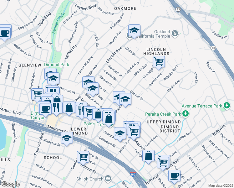 map of restaurants, bars, coffee shops, grocery stores, and more near 3853 Rhoda Avenue in Oakland