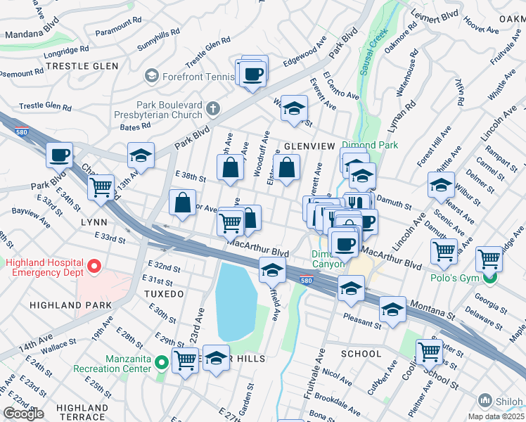 map of restaurants, bars, coffee shops, grocery stores, and more near in Oakland