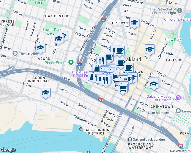 map of restaurants, bars, coffee shops, grocery stores, and more near 821 Jefferson Street in Oakland