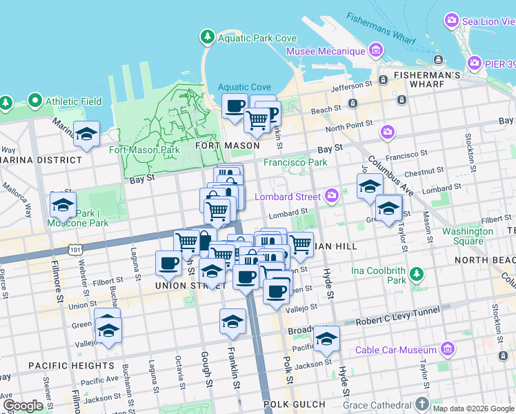 map of restaurants, bars, coffee shops, grocery stores, and more near 2747 Polk Street in San Francisco