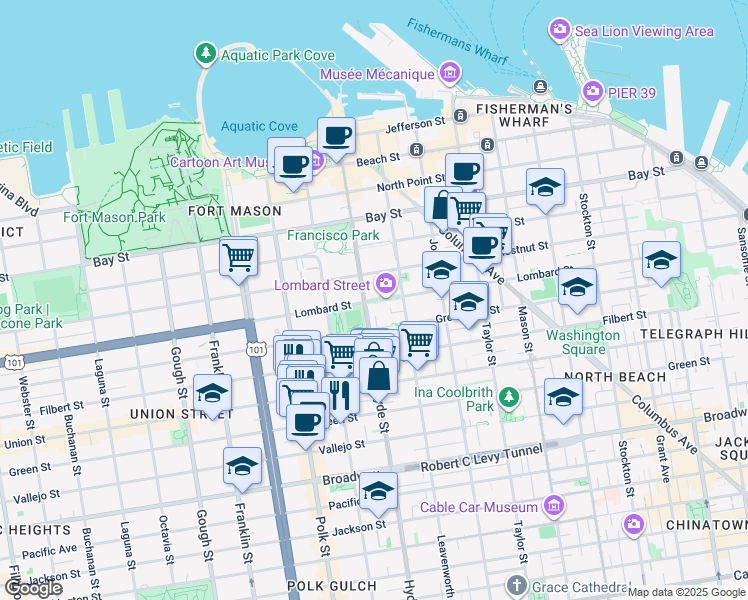 map of restaurants, bars, coffee shops, grocery stores, and more near 1060 Lombard Street in San Francisco