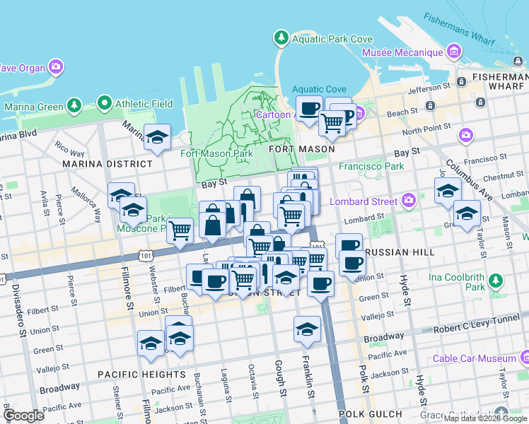 map of restaurants, bars, coffee shops, grocery stores, and more near 1530 Lombard Street in San Francisco
