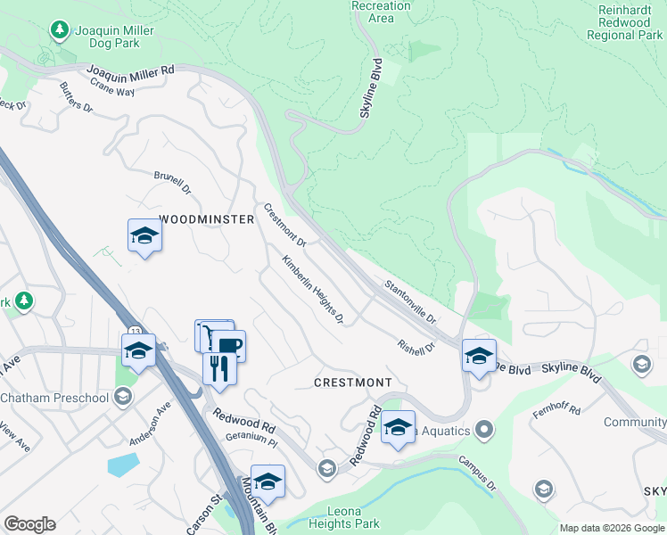 map of restaurants, bars, coffee shops, grocery stores, and more near 124 Rishell Drive in Oakland