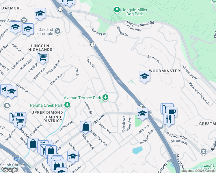 map of restaurants, bars, coffee shops, grocery stores, and more near 4403 Norton Avenue in Oakland