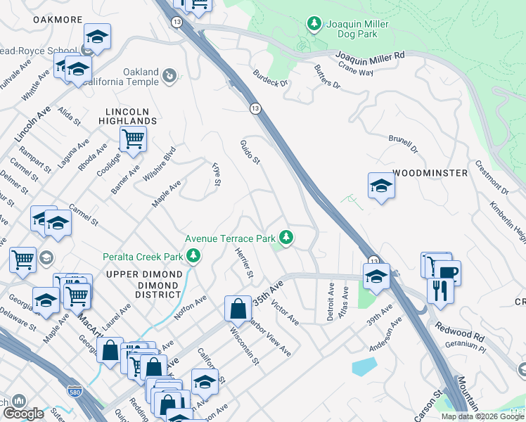 map of restaurants, bars, coffee shops, grocery stores, and more near 4371 Norton Avenue in Oakland