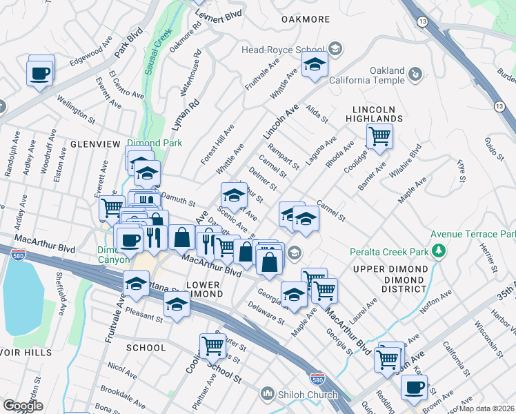 map of restaurants, bars, coffee shops, grocery stores, and more near 2527 Hearst Avenue in Oakland