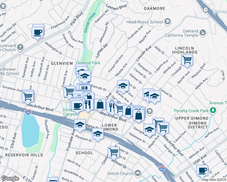 map of restaurants, bars, coffee shops, grocery stores, and more near 2445 Scenic Avenue in Oakland