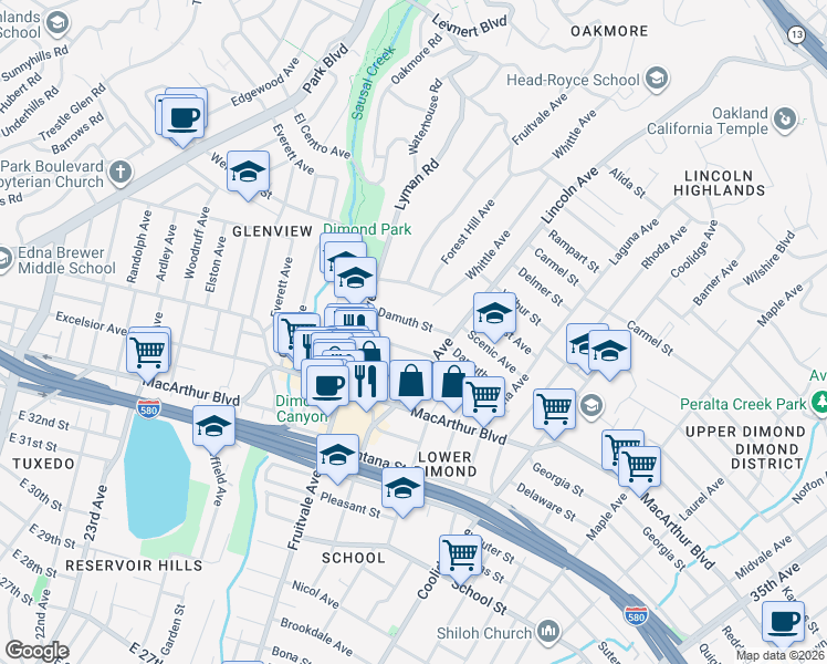 map of restaurants, bars, coffee shops, grocery stores, and more near in Piedmont
