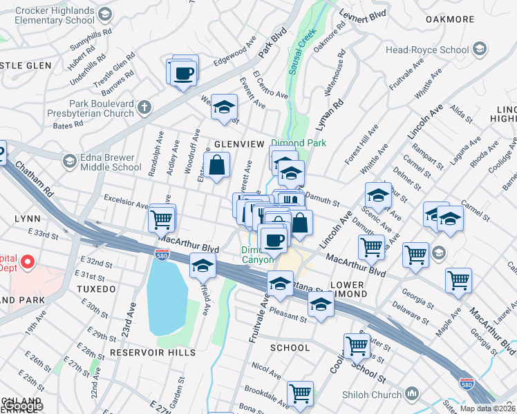 map of restaurants, bars, coffee shops, grocery stores, and more near 3541 Dimond Avenue in Oakland