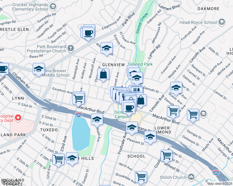 map of restaurants, bars, coffee shops, grocery stores, and more near in Oakland