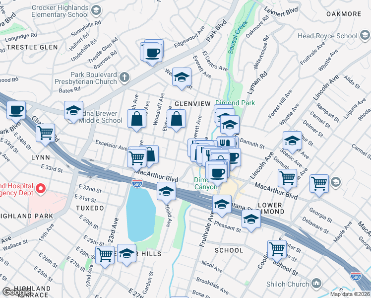 map of restaurants, bars, coffee shops, grocery stores, and more near 3708 Linwood Avenue in Oakland