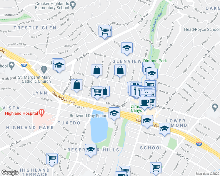 map of restaurants, bars, coffee shops, grocery stores, and more near 3701 Elston Avenue in Oakland