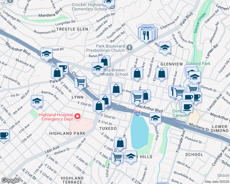 map of restaurants, bars, coffee shops, grocery stores, and more near 1442 MacArthur Boulevard in Oakland