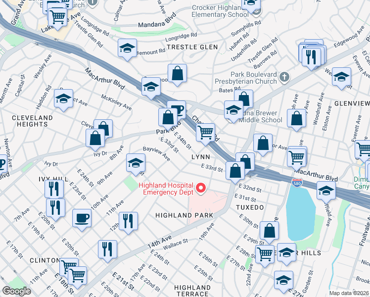 map of restaurants, bars, coffee shops, grocery stores, and more near 1208 East 33rd Street in Oakland
