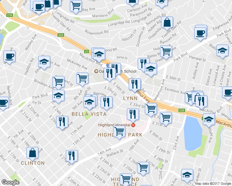 map of restaurants, bars, coffee shops, grocery stores, and more near 1208 East 33rd Street in Oakland