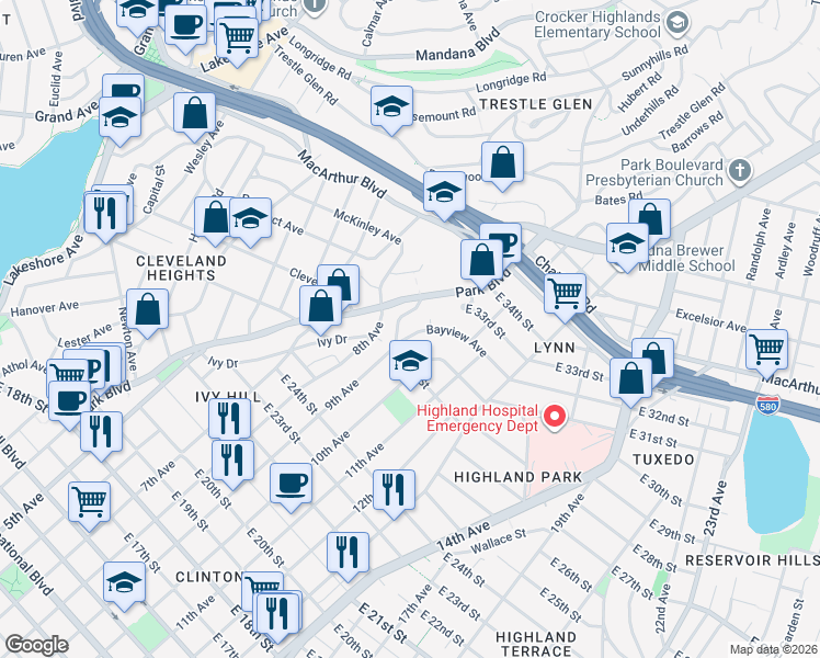 map of restaurants, bars, coffee shops, grocery stores, and more near 900 Bayview Avenue in Oakland