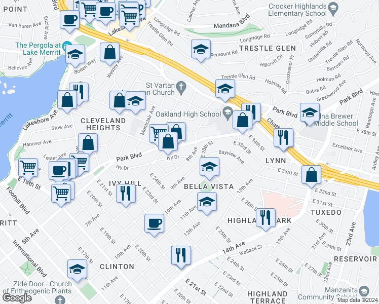 map of restaurants, bars, coffee shops, grocery stores, and more near in Oakland
