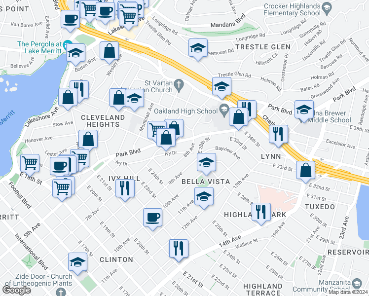 map of restaurants, bars, coffee shops, grocery stores, and more near in Oakland