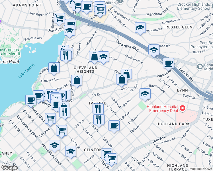 map of restaurants, bars, coffee shops, grocery stores, and more near 2348 Park Boulevard in Oakland